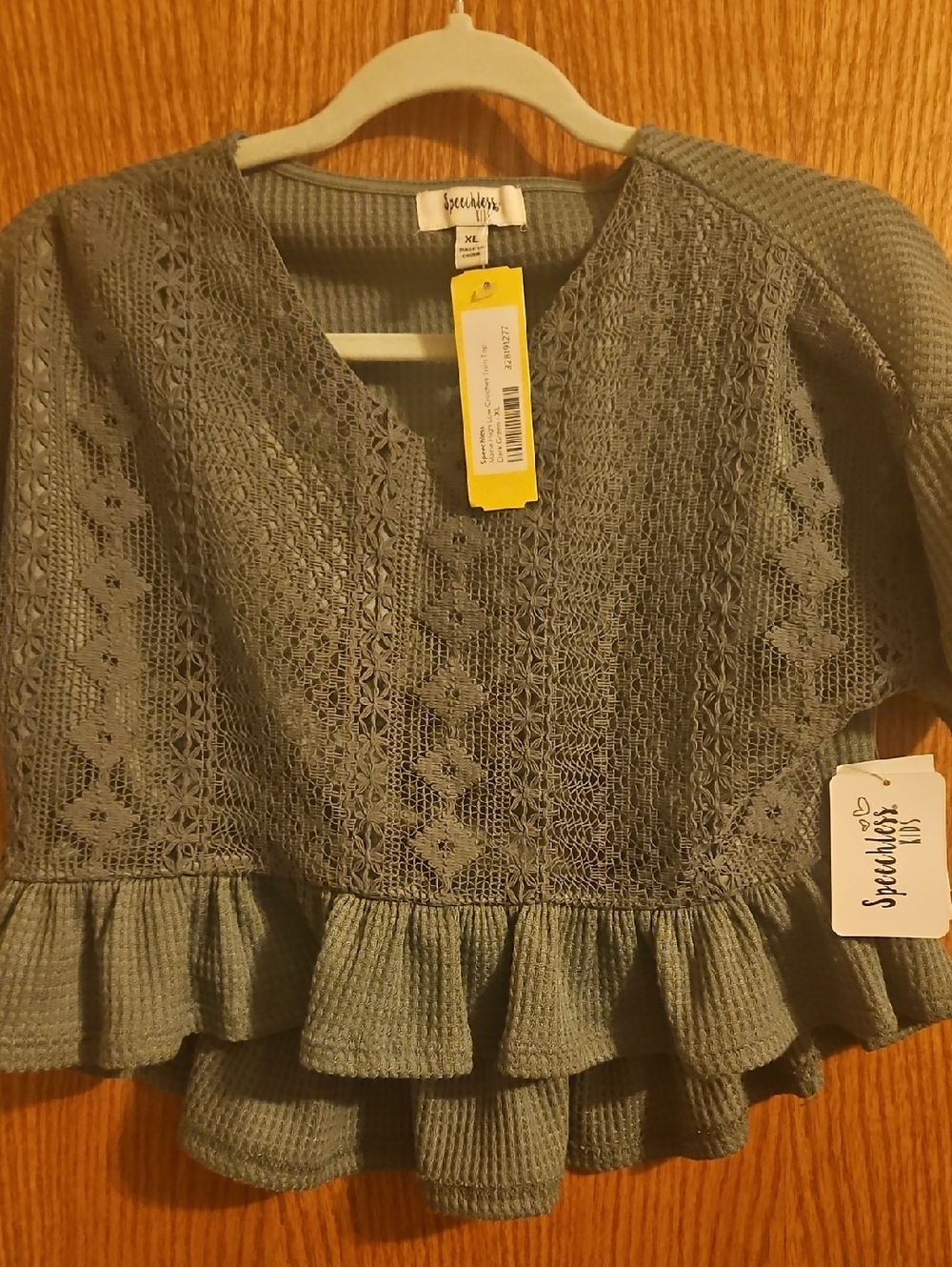 Crochet Lace  Top in Sage Green Kids XL